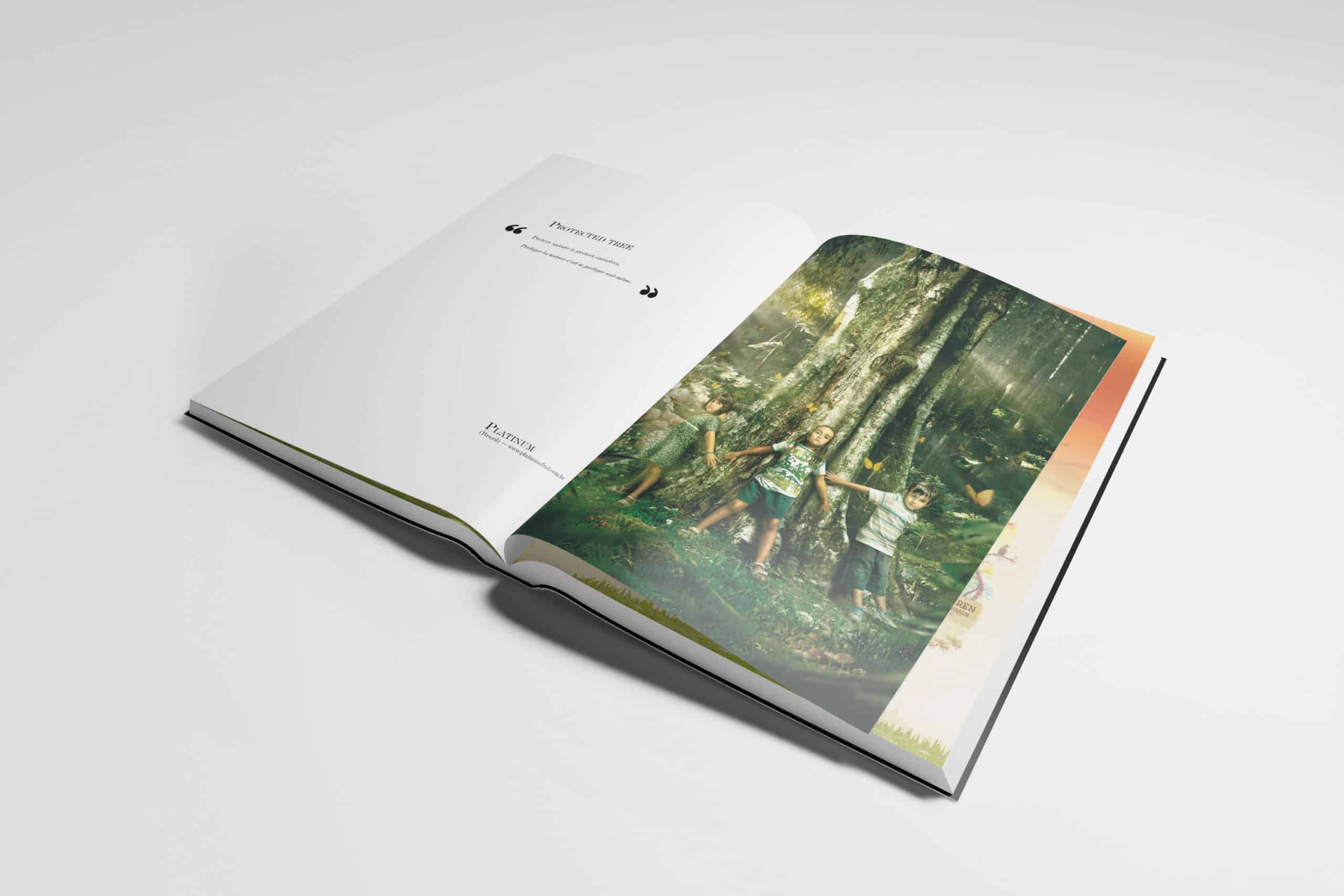 Illustration de Platinum réalisée pour l'ouvrage '60 Unite For Children' montrant trois enfants protégeant un arbre dans une forêt lumineuse. L'illustration évoque la connexion des jeunes avec la nature.