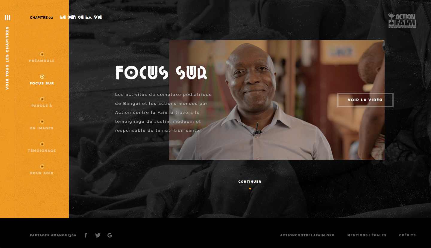 Capture d'écran montrant Justin, un médecin et responsable de la nutrition santé, sur une page du site Bangui l'oubliée d'Action contre la Faim dédiée à son témoignage en République Centrafricaine, avec des boutons interactifs pour visionner une vidéo et continuer la navigation.