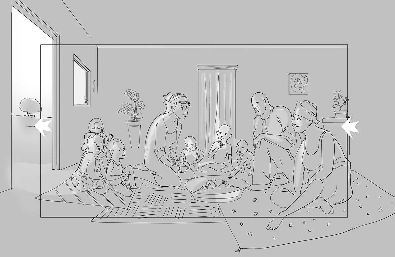 Illustration en noir et blanc d'une famille africaine assise par terre dans une maison, partageant un repas. Plusieurs enfants et deux adultes sont présents.