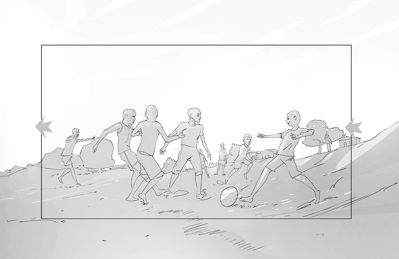 Illustration en noir et blanc de plusieurs enfants jouant au football en extérieur. Le terrain est légèrement incliné et des arbres et des bâtiments sont visibles en arrière-plan.