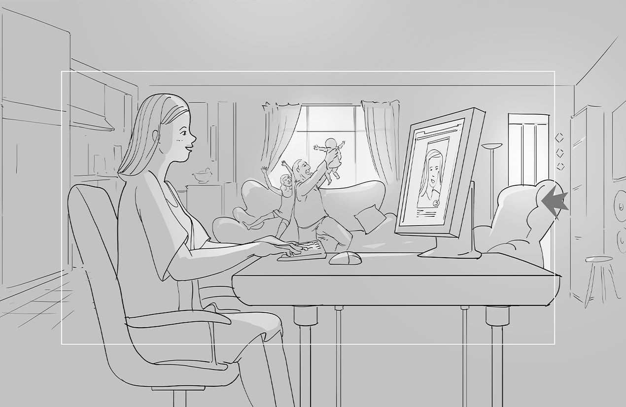 Illustration en noir et blanc d'une femme travaillant à son ordinateur dans une pièce familiale. En arrière-plan, un homme joue avec deux enfants sur un canapé près d'une fenêtre lumineuse.