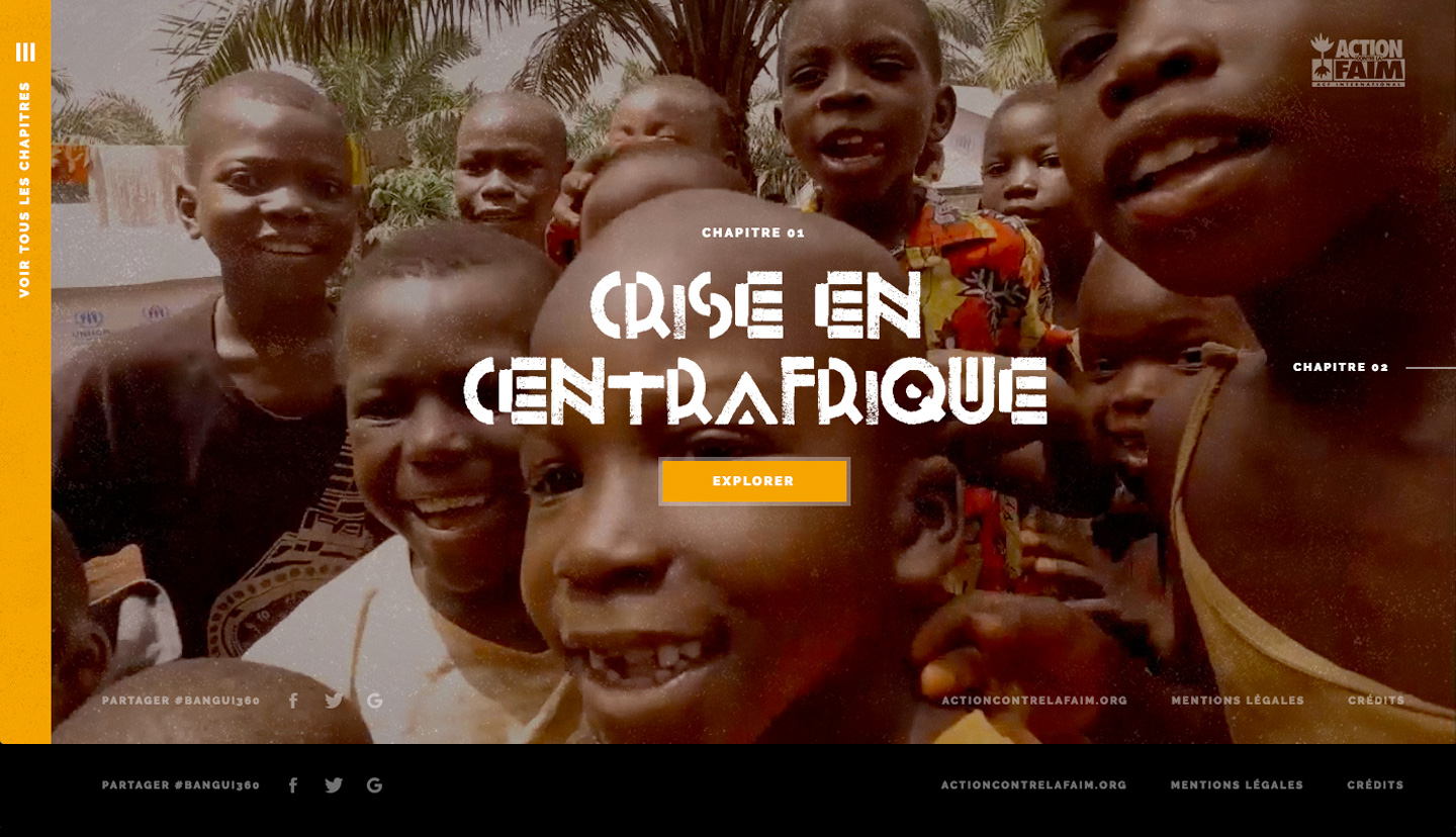 Page d'accueil avec des enfants souriants de la Centrafrique, présentant le chapitre sur la crise dans le pays avec un bouton 'Explorer', destiné à sensibiliser à travers un site d'Action contre la Faim.