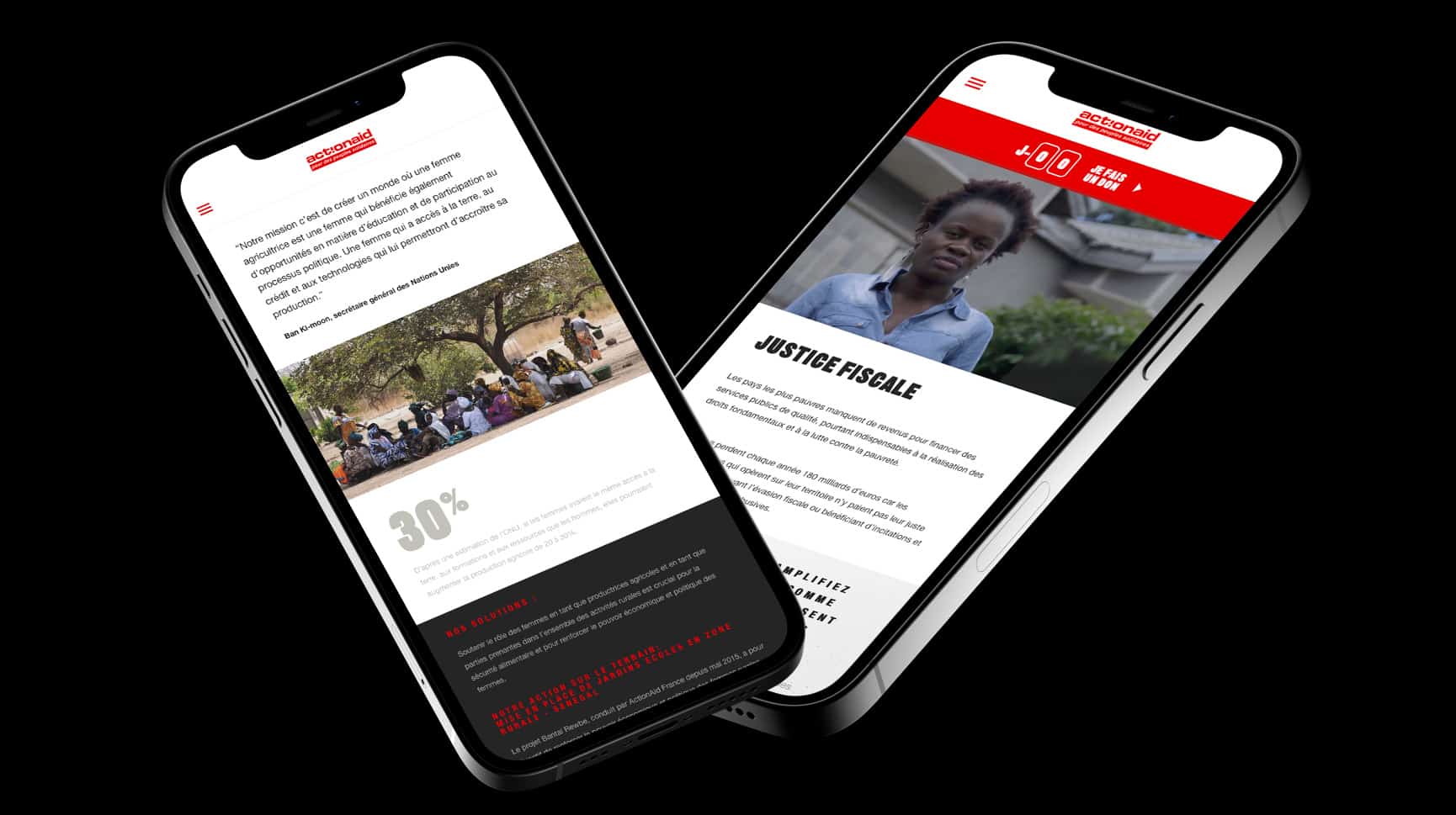 Deux smartphones affichent le site web "Actrices du changement". Le téléphone de gauche montre une page avec une photo de groupe sous un arbre, accompagné de texte. Le téléphone de droite présente une femme en gros plan avec le texte 'JUSTICE FISCALE' et un bouton d'action pour un engagement. Les deux écrans soulignent l'importance de l'action et de l'information dans le cadre de la lutte contre l'injustice et la pauvreté.